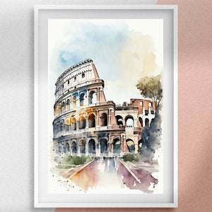コロッセオの水彩画、ローマイタリアの印刷可能な壁アート、ランドマークのデジタルプリント、ヴィンテージモダン水彩画壁アート、素晴らしいギフトアイデア