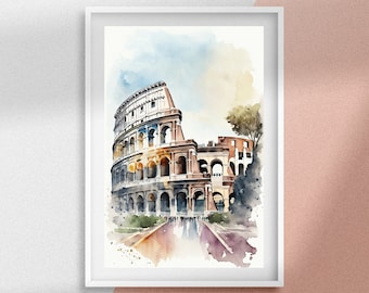Puede incluir: Pintura acuarela del Coliseo en Roma, Italia. La pintura está hecha en tonos de marrón, azul y amarillo. El Coliseo es un gran anfiteatro antiguo que es un destino turístico popular.