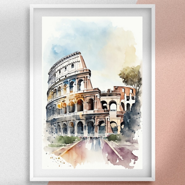 Colosseum Watercolor Painting, Rome Italy Printable Wall Art, Landmark Digital Prints, Vintage Modern Water Color Wall Art, Great Gift Idea