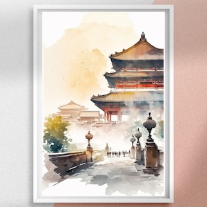 Forbidden City Watercolor Poster, China Wall Art and Printable Digital Prints on Ancient Asian Travel Decor, Great Personalized Gift