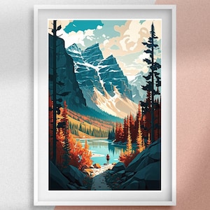 May include: A colorful illustration of a mountain lake scene with a single hiker in the foreground. The lake is surrounded by trees and mountains, with a blue sky and white clouds above.