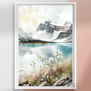 May include: A watercolor painting of a mountain lake with snow-capped peaks and a reflection of the mountains in the water. White flowers bloom in the foreground.