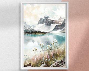 Plakat z akwarelą Glacier National Park, wydrukowana sztuka ścienna do parku narodowego USA, wydruki krajobrazów górskich i przyrodniczych jako pomysł na spersonalizowany prezent
