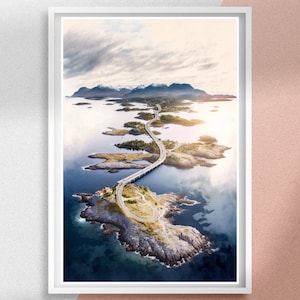 Atlantic Road Watercolor Painting, Norway Nature Printable Wall Art and Coastal Landmark Digital Prints, Gift for World Travelers