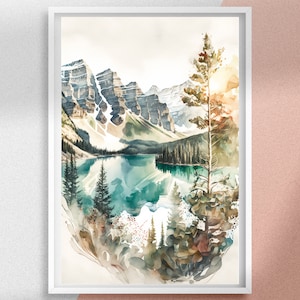 May include: Watercolor painting of a mountain lake scene with a tall pine tree in the foreground. The lake is a vibrant turquoise blue and the mountains are a soft gray with hints of white snow. The painting has a soft, dreamy feel.