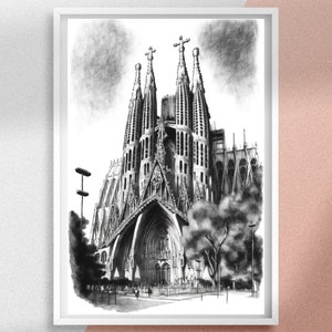 Póster de boceto de la Sagrada Familia, arte de pared en blanco y negro de Barcelona España, impresiones digitales emblemáticas, boceto de póster fotográfico, regalos personalizados