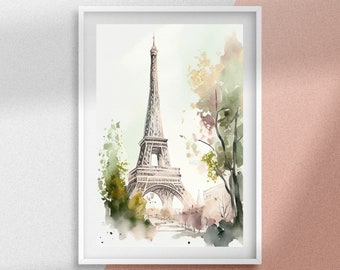May include: Watercolor painting of the Eiffel Tower in Paris, France. The tower is depicted in shades of gray and white, with a green tree in the foreground. The background is a soft wash of green and yellow.