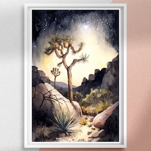 Joshua Tree National Park Watercolor Painting, California Nature Landmark Wall Art and Travel Poster, Personalized Gift for Her & Him