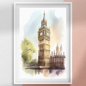 Big Ben Watercolor Painting, London Printable Wall Art, Palace of Westminster, Landmark Digital Prints, Vintage Water Color Art, Gift Idea