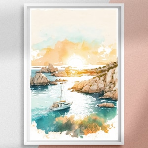 La Maddalena National Park Watercolor Poster, Sardinia Italy Printable Wall Art and Digital Prints, Ocean Beach Cityscape Travel Poster