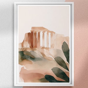 May include: A watercolor painting of a brown stone building with columns, set against a background of brown and green watercolor washes. The building is partially obscured by large green leaves.