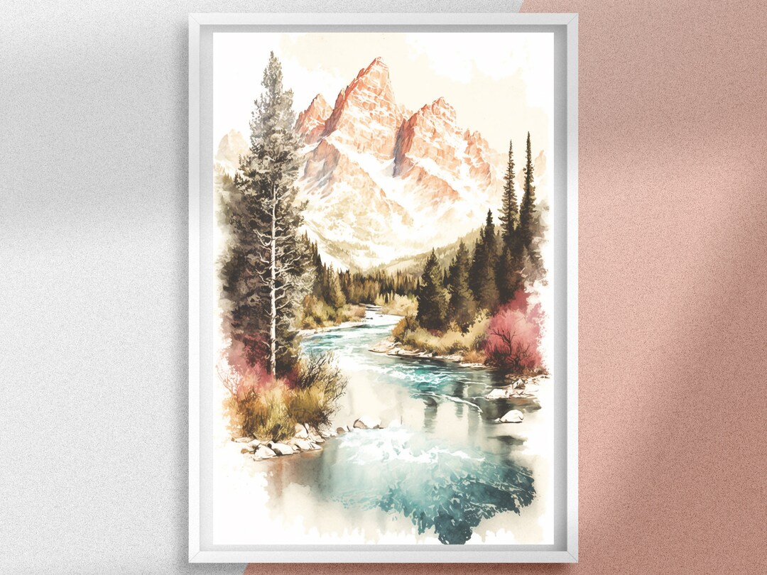 Grand Teton National Park Watercolor Painting, America Nature Wall Art ...