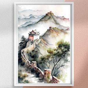 Great Wall of China Watercolor Painting Art Prints, China Orient Printable Wall Art with Instant Download, Unique Gift for Asia Travelers