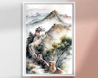 Great Wall of China Watercolor Painting Art Prints, China Orient Printable Wall Art with Instant Download, Unique Gift for Asia Travelers