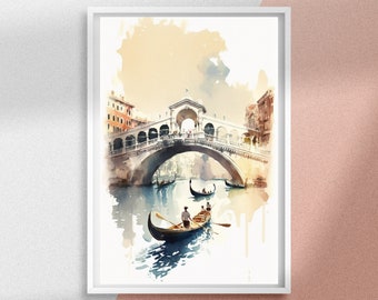Rialto Bridge Venice Watercolor Art Print, Romantic Italy Printable Wall Decor, Grand Canal in Italy Print and Romantic Gift Idea