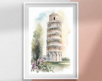 Tower of Pisa Watercolor Painting, Italy Printable Wall Art, Landmark Digital Prints, Vintage Modern Water Color Wall Art, Great Gift Idea