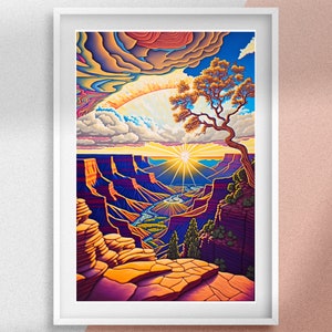 Grand Canyon Psychedelic Poster, Arizona Trippy Wall Art, Landmark Scenery Digital Prints, Illustration Painting, Personalized Gift Idea