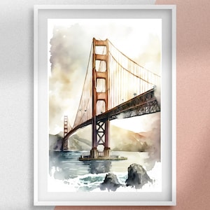 Golden Gate Bridge Watercolor Painting, San Francisco Printable Wall Art, Cityscape Digital Prints, Vintage Modern Art, Great Wedding Gifts