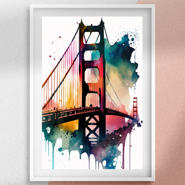 Golden Gate Bridge Watercolor Painting, San Francisco Printable Wall Art, Landmark Digital Prints, Vintage Modern Wall Art, Great Gift Idea