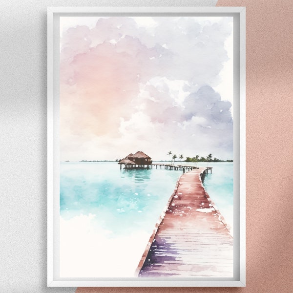 Maldives Watercolor Art Print, South Asia Island Painting Poster, Indian Ocean Tropical Printable Wall Decor & Gift Idea for Travelers