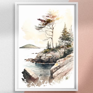 Acadia National Park Watercolor Painting, Digital Printable Wall Art and Landmark Poster, Personalized Gift Idea, Illustration Digital Print