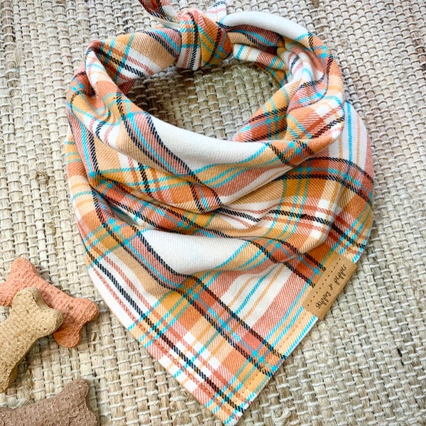 Pumpkin & Cream Cozy Fall Flannel Plaid Dog Bandana/Orange Caramel Aqua Black/Family Portrait Photo Shoot Fashion/Halloween Thanksgiving Day