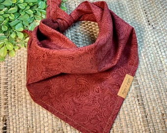 Burgundy Tooled Leather Look Paisley Dog Bandana/Rustic Western Cowboy/Boho Southwest/Tie On/Family Photo/Dog Mom/Puppy Cat/Faux Leather