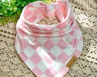 Pink & White Checkerboard Knit Dog Bandana | Tie On | Super Soft | 80’s Skater Fashion | Family Pet Portrait Photos | Dog Mom | Puppy Cat