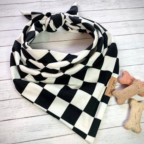 Black & White Checkerboard Knit Dog Bandana | Tie On | Super Soft | 1980's Skater Fashion | Family Pet Portrait Photos | Dog Mom | Puppy Cat