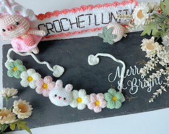 Handmade Crochet Pet Collar_Cat/Dog Collar with Puff Flowers and Stereo Rabbit Head_Crochet Bunny w Flowers Cat/Dog Collar_Cute Pet Collar