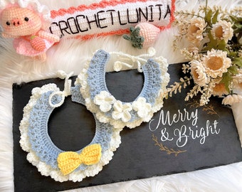 Handmade Crochet Pet Collar_Cute Cat Collar_Dog Collar_Cat/Dog Collar with Bowtie_Double Layer Cat/Dog Collar_Pet Collar with White Flowers
