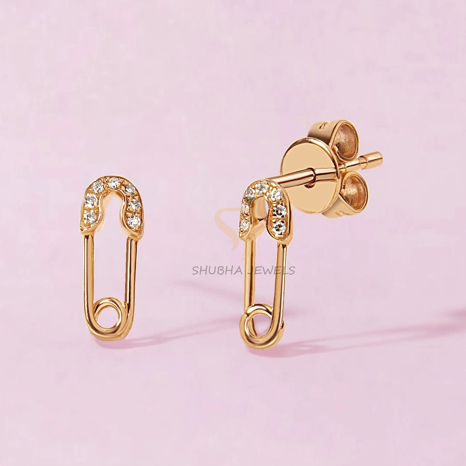 Doviana Love Lock 18K Gold Polished Pin Drop Heart Safety Pin Earrings