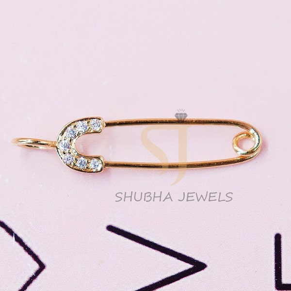 Naturel Pave Diamond Handmade Sterling Silver Yellow Gold Plating Tiny Safety Pin Charm, Silver Diamond Safety Pin Charm, Diamond Pendant