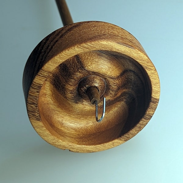 Tigerwood 1.34 ounce "Blaze"  Teak Long Stem shaft Vermont Spindles Top Whorl Drop Spindle * 1 oz. White Corriedale Fiber * Ready to Ship *