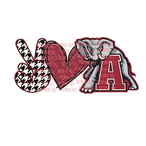 May include: Peace sign with a black and white houndstooth pattern, a red heart, and an Alabama Crimson Tide elephant mascot with the letter "A" in red.