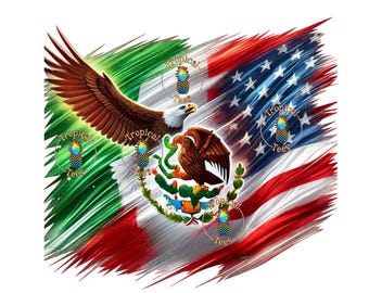 Op de afbeelding: Een digitale illustratie van de Mexicaanse vlag en de Amerikaanse vlag, beide met een verweerde, verbleekte uitstraling. De Mexicaanse vlag toont het nationale wapen, dat een gouden adelaar op een cactus met een slang in zijn bek toont. De adelaar kijkt naar links en de slang naar rechts. De vlaggen overlappen elkaar, met de Amerikaanse vlag bovenop. De tekst "Tropical Tees" verschijnt in een cirkel op elke vlag.