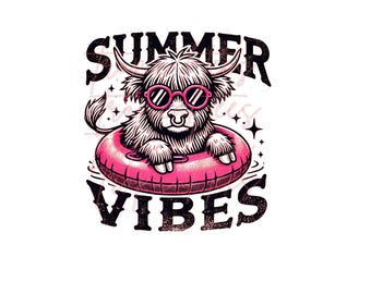 Summer Vibes Highland Cow PNG | Retro Cow in Floaty Sublimation Design | Funny Farm Animal Shirt Graphic | Summer Beach Clipart