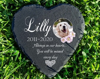 Personalised Heart Shaped PET Memorial Stone Plaque in size 10x10Cm (4x4'') and 25x25(9.8x9.8'')cm Cat Dog grave marker Dark Grey slate