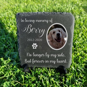 Personalised Name and photo PET memorial plaque with Stand Real stone dark grey garden slate 10x10Cm 4x4'' 2023