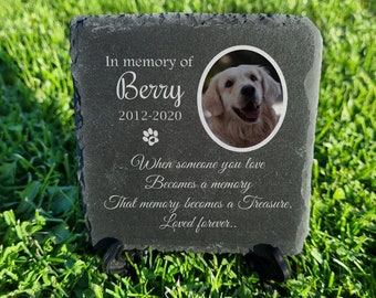 Op maat gemaakte gedenkplaat voor huisdieren Fotoplaquette echte stenen leisteen donkergrijze tuinplaquette 10 x 10 of 15 x 15 Ccm