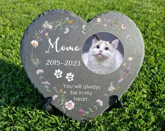 Gepersonaliseerd hart a PET Bloemdessin donkergrijze gedenkplaat leisteen 10 x 10 (4 x 4'') CM/ 25 x 25 cm (9,8 x 9,8'') cm kat hond grafsteen