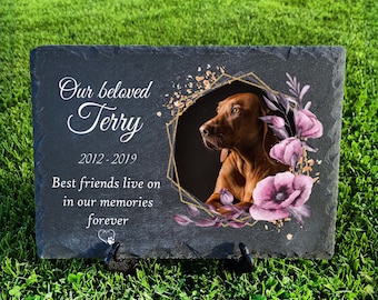 Gepersonaliseerde PET-gedenkplaat met bloemen donkergrijs kat hond grafmarkering leisteen plaquette afmeting 20 x 30 cm
