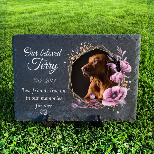 Personalised Floral PET memorial Plaque dark grey Cat Dog grave marker Slate stone plaque size 20x30cm