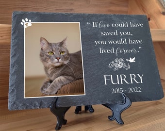 Gepersonaliseerde PET-grafmarker donkergrijze Cat Dog gedenkplaat met leisteen in de maat 20 x 30 cm