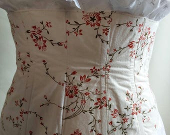 Cream  With Red Flowers Gothic Rave Steampunk Waistbelt Under Bust Corset