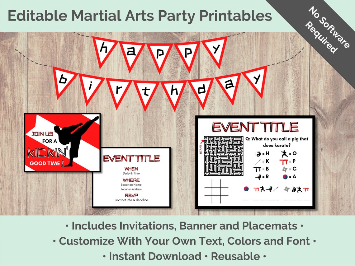 Party Pack of Customizable Martial Arts Party Printables - Etsy