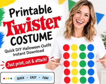 Op de afbeelding: Een wit t-shirt met een raster van rode, gele, groene en blauwe cirkels. De tekst luidt Printable Twister COSTUME, Quick DIY Halloween Outfit, Instant Download, Just print, cut & attach!, en QUICK, EASY, FUN! met gekleurde stippen.