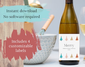 Stampabili di maniche per bottiglia di vino dell'albero di Natale modificabili / Download istantaneo / Riutilizzabile