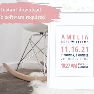 Segno stampabile delle statistiche di nascita della bambina modificabile (8,5" x 11") / Download istantaneo / Riutilizzabile