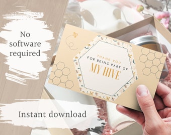 May include: A printable gift tag with a honeycomb pattern and floral design. The text on the tag reads "Thank you for being part of my hive".